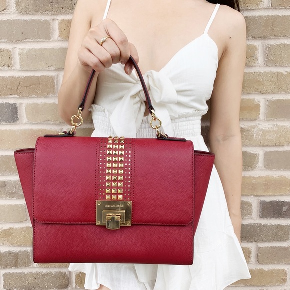 Michael Kors Stud Med Cherry Red Chain Tote - Picture 2 of 8